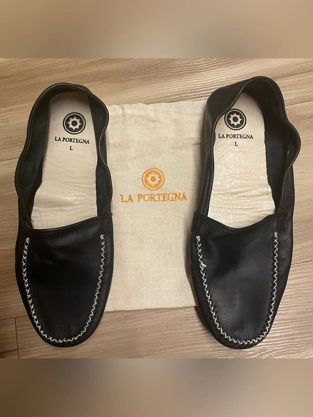 La Portegna - mens Black Leather European style slippers with Contrast Stitch